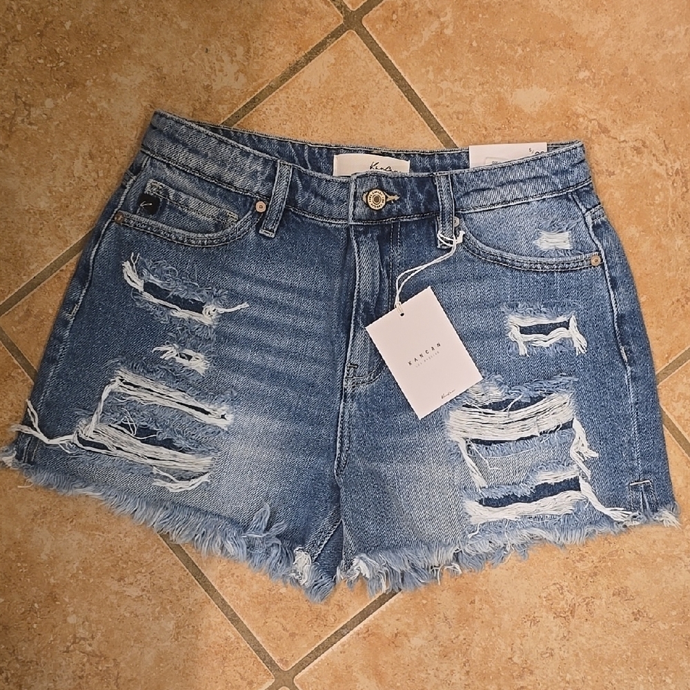 KanCan Blue Distressed Mom Denim Shorts